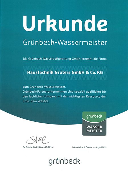 Grünbeck Wassermeister Urkunde